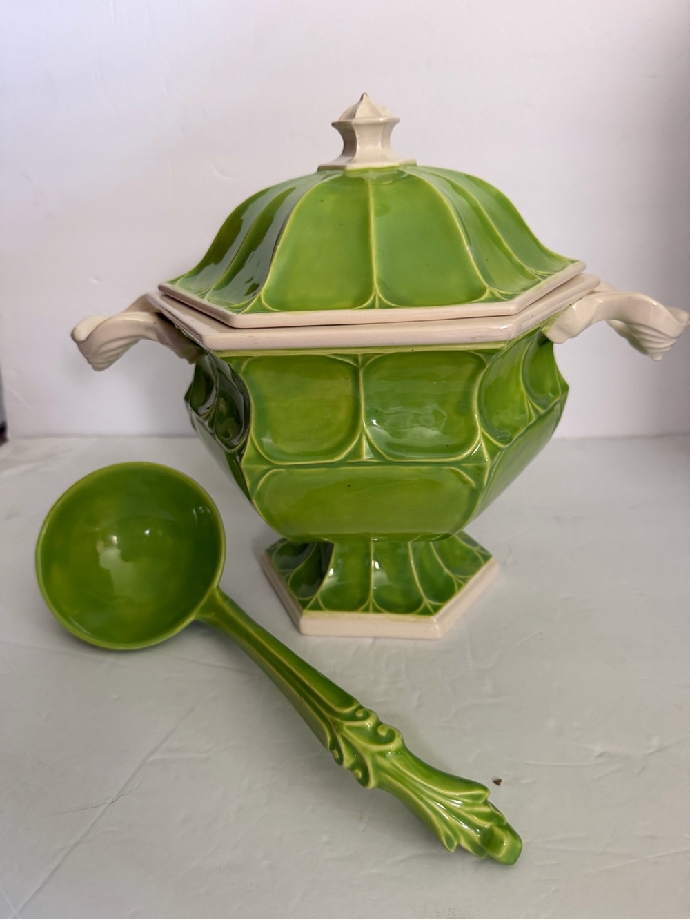 Vintage Green Ceramic Covered Soup Tureen with Ladle